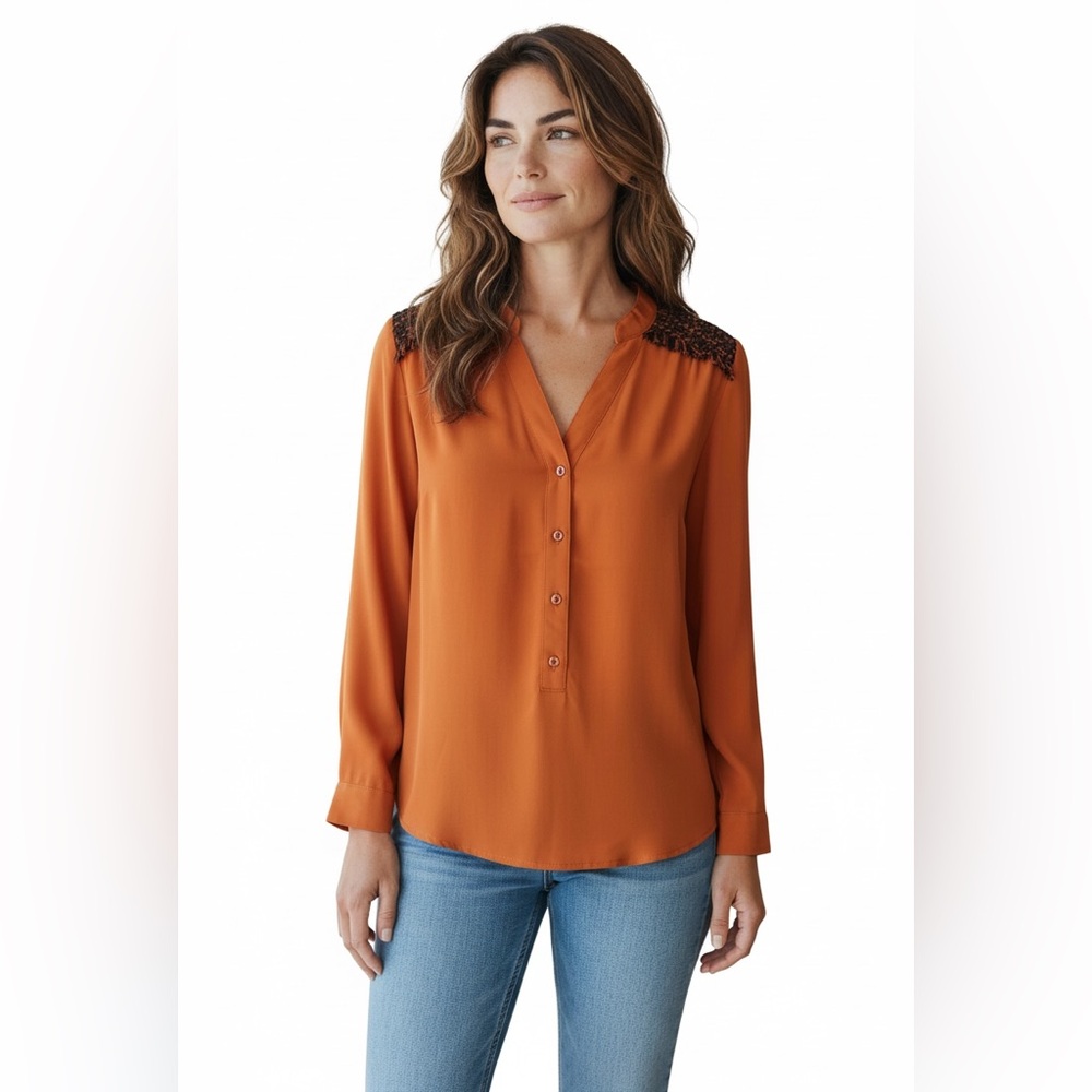 473. NWT Nanette Leopard Orange Blouse with Lace Detail